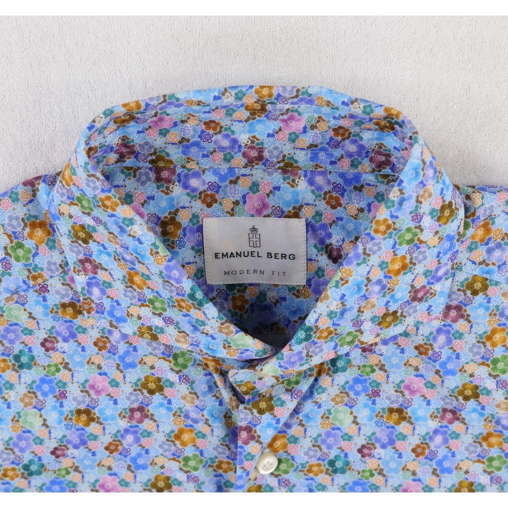 Emanuel Berg Button Down Shirt Mens M 15.5 Blue Floral Modern Fit Long Sleeve - Picture 5 of 12